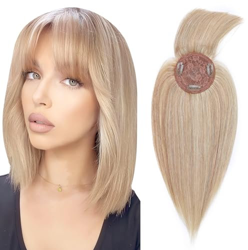 Elailite Frauen Echthaar Topper, MONO Haarteil Pony Toupet, 150% Dichte Clip in Topper Extensions Haarverlängerung Remy Glatt 10 25cm 32g #18/613 Aschblond&Gebleichtes Blond