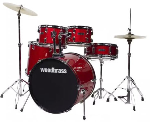 Woodbrass AD100 Batterie Rouge Pailleté - Idéale pour Débutants, Prête à l'emploi, Accessoires inclus - Kit batterie acoustique complet fûts en peuplier