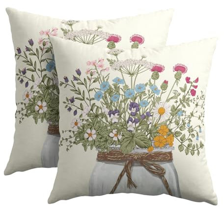 Kawani Wildflowers Throw Pillow Covers 16x16 Inch Pack of 2 Watercolor Herb Floral Leaves Mason Jar Square Pillowcase Cotton Linen Cushion Case for Couch Sofa Bed Car Home Outdoor Decor