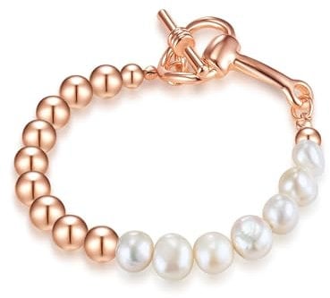 Lulu & Jane Damen Armband aus Messing mit barock Süßwasser-Zuchtperle ca. 8,5-9,5 mm Perlenarmband weiß roségold