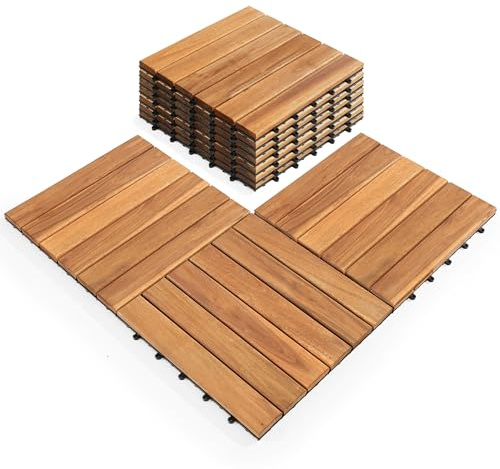 AN68 - 10 Stück 6 Lamellen ineinandergreifende Terrassenfliesen 30,5 x 30,5 cm, natürliche Akazienholz-Fliesen – Terrassenboden für den Außenbereich und Innenbereich, Terrasse, Garten, Balkon, Pool –