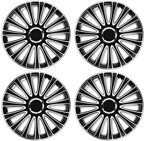 Radkappen 16 Zoll Schwarz-Silber Matt mit Chromring 4er Satz Radzierblenden | Passend für viele 16-Zoll-Stahlfelgen von VW, Ford, Opel, Renault, Peugeot, Citroën, Seat, Skoda, Toyota & Kia