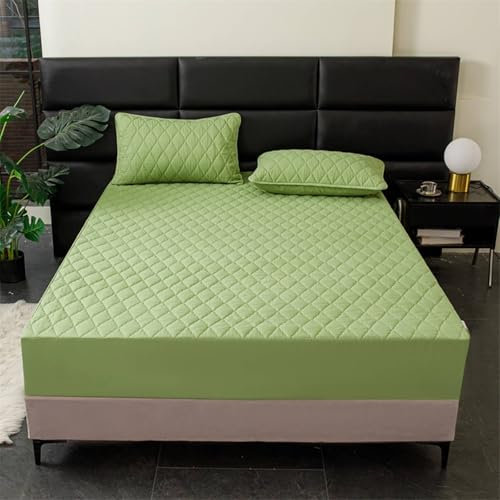KnSam Spannbettlaken mit 2er Kissenbezüge 180x200cm Set 3teilig Hotel, 3D Muster Spannbetttücher Einfarbig Grün Matratzenschutz, Polyester Baumwolle Tagesdecke für Boxspringbett & Wasserbett