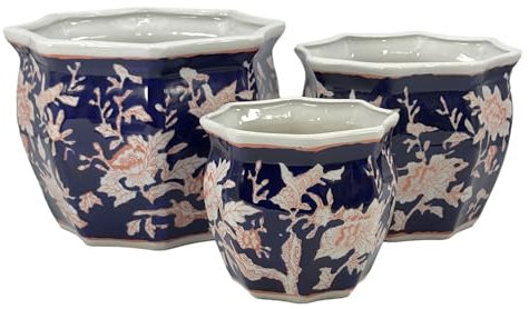 Galt International Set di 3 vasi da giardino rotondi in porcellana blu e rosa scanalati per piante e fiori (19,1 cm, 25,4 cm, 33 cm), design cinese asiatico