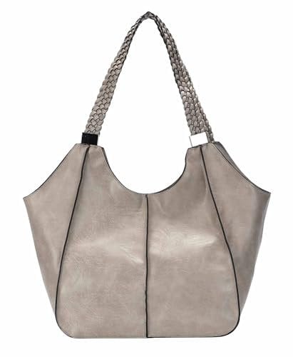 OBC Damen XXL Tasche Schultertasche Shopper Businesstasche Umhängetasche Workbag Henkeltasche Reisetasche FLECHTOPTIK Henkel Leder Optik Helltaupe