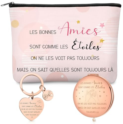 Xuniea Cadeau de Meilleure Amie | 1 Trousse de Maquillage, 1 Miroir de Voyage, 1 Porte-Clés avec Texte, Cadeau d'Anniversaire et d'Adieu pour Femme