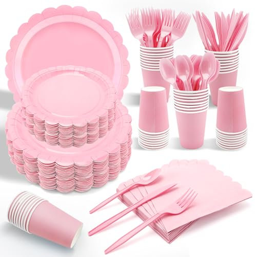 210 Pcs Pink Paper Plates and Napkins, 30 Guest Light Pink Party Supplies Set Include Scalloped Plates Paper Napkins Cups Spoons Forks Knives for Birthday, Wedding, Baby Shower
