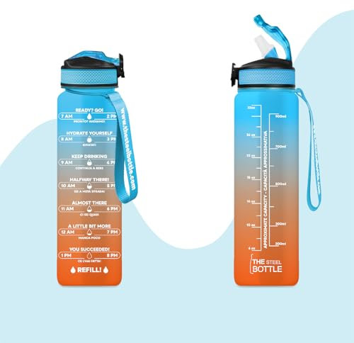 THE STEEL BOTTLE - Gourde de sport de sport de motivation 1 litre avec niveaux et indicateur de temps, paille et créneaux horaires - BPA et Phthalate Free - fermeture hermétique (Orange & Blue)