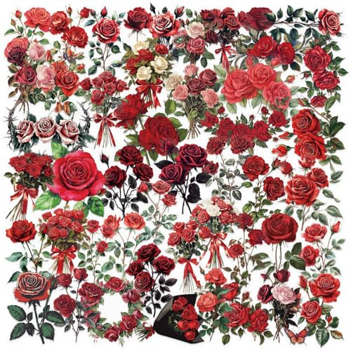 Rote Rose Aufkleber für Jugendliche Erwachsene 50 Stück Roses PET Vinyl Sticker Set Auto Motorräder Fahrrad Skateboard Snowboard Gepäck Laptop Koffer Helm Motorrad Computer