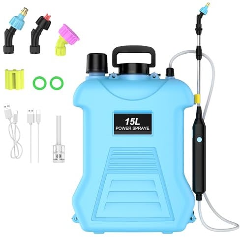 Pompa Irroratrice a Batteria, Pompa a Spalla a Batteria 15L con 3 Ugelli, Asta Telescopica, Cinghia Regolabile, Motore in Rame Puro e Materiale PP, per Prato, Cortile e Giardino