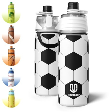 magcheer 600ml Trinkflasche Kinder Fussball mit Sprühfunktion | 3D Strukturierte Isolierte Nebel Wasserflasche | BPA-Frei Auslaufsicher | Spülmaschinengeeignet | Fußball Geschenke Für Jungen