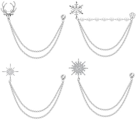Kiiwah 4 Piezas Broche Pin de Solapa Cadena, Broche de Cadena de Navidad Alfileres de Cuello para Camisas Alfileres de Corbata de Gemas para Mujer Hombre Accesorios de Traje