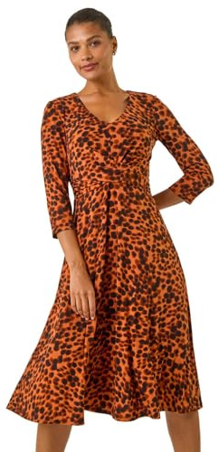 Roman Originals Fit and Flare Dress for Women Ladies Chest Twist Knot Ruched Tea Skater Empire Waist Wedding Guest Smart Casual Swing Midi 3/4 Long Sleeve Knee Length - Copper - Size 14