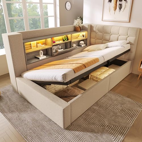 Yihomfy Tagesbett, Schlafsofa, 90x200 cm Einzelbett, mit Ablagefach, Hydraulischem Stauraum, USB- und Typ-C-Anschlüssen, LED, Beidseitig Montierbar, Ohne Matratze, Leinenstof, Beige