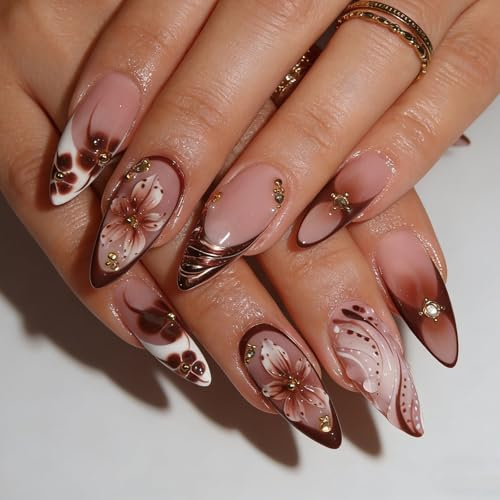 Floruvia 24Pcs Medium Almond Press On Nails Flower Acrylic Fake Nails Kit Brown Glitter French Beads Floral 3D Texture Glue on Nails for Women