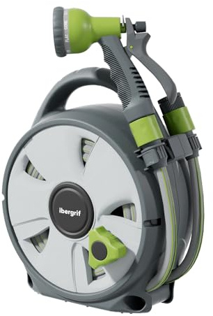 Ibegrif M22220 Avvolgitubo 10M con Pistola per Irrigazione 8 Modelli Regolabili, per camper, campeggio, caravan, Grigio | Porta tubo da 10 m