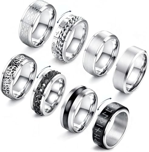 JeryWe 8 Stück Fidget Ring Herren Eheringe Verlobungsring Edelstahl Spinner Ring, Keltischer Knoten, Kette Ringe, Herrenring Set für Männer, Band Herrenringe - Schwarzer/Silber Größe 70, 8 mm