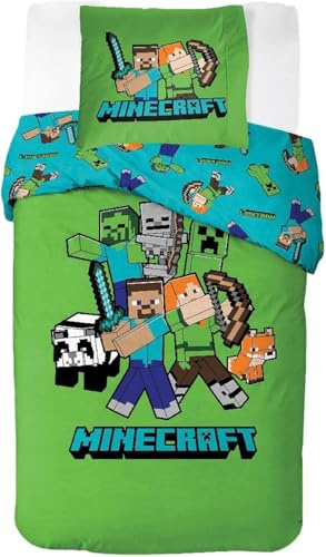 Minecraft Bettwäsche für Kinder | 140x200 cm Bettbezug & 50x70 cm Kissenbezug | 100% Baumwolle, weich, atmungsaktiv & wendbar | Minecraft ''Classic“ Design