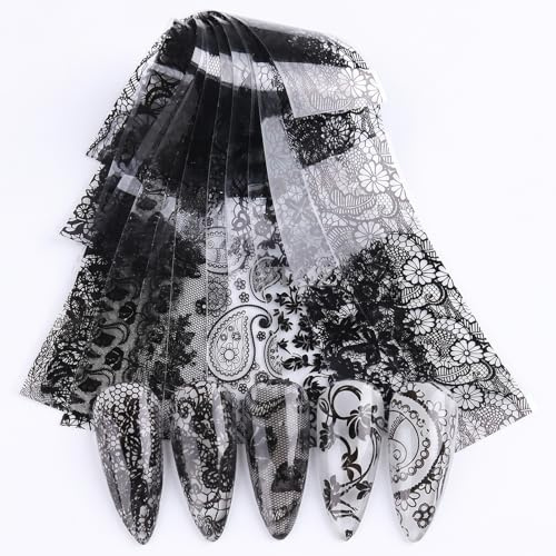 20-Teiliges Holografisches Nagelkunst-Set Transferfolie NäGel,Nagelkunst Lace Nail Foil,Neue Schwarz-WeißE Spitze Nagel Transferfolie,Nagelkunst-Sticker Mit Spitze Transferfolien Gel,Diy-Nageltransfer