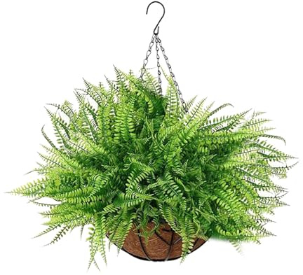Vaso da fiori da appendere con felce artificiali per esterni, dotato di robusto gancio in metallo, pianta in vaso ideale per la decorazione di terrazza e giardino, perfetta primavera (verde, 35 cm)