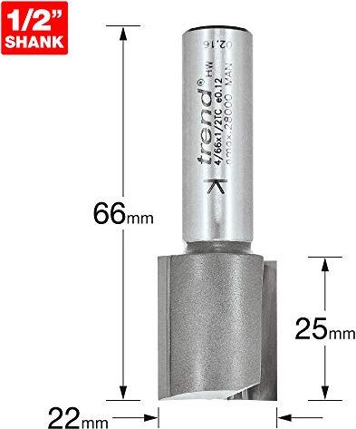 Trend Professional Straight Two Flute Router Cutter, 1/2 Inch Shank, 22mm Cut Diameter & 25mm Cut Length, Tungsten Carbide Tipped, 4/66X1/2TC
