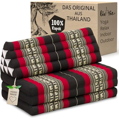 livasia Thaikissen 3 Auflagen für Paare XXL - 190x80x8cm - Dreieckskissen Klappmatratze, extrabreit Kapok, Rückenkissen faltbar, Thaimatte zum Klappen, Meditationskissen (Schwarz/Elefanten)