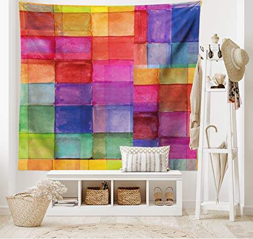 ABAKUHAUS Abstrakt Wandteppich Regenbogen-Farben-Quadrateaus Weiches Mikrofaser Stoff 150 x 110 cm Waschbar mit Klaren Farben, Lila Rot Blau