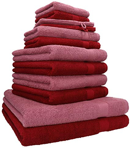Betz 12-TLG. Handtuch Set Premium 100% Baumwolle 2 Duschtücher 4 Handtücher 2 Gästetücher 2 Seiftücher 2 Waschhandschuhe rubinrot/Beere