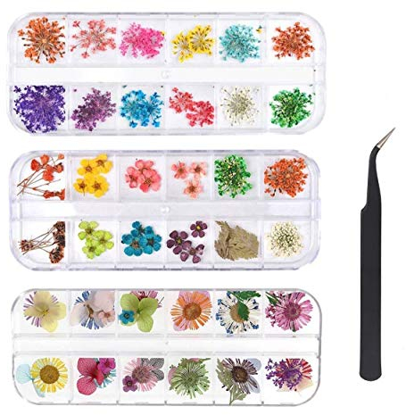 KAHEIGN 96Pcs 3D Nagelkunst Aufkleber, Echte Getrocknete Blumen Nagelkunst Aufkleber Nail Art Sticker Maniküre Nail Art Dekoration - mit Pinzette