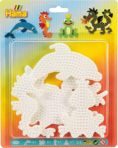 Hama Perlen 4584 Große Stiftplatten 4er Set für Midi Bügelperlen mit Durchmesser 5 mm, Motive Delfin, Drache, Seepferdchen und Kleiner Frosch in weiß, Bastelspaß