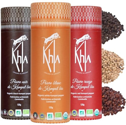 Khla - Set de 3 Pimientas de Kampot - Pimienta Negra, Blanca y Roja - 3 x 120g - Set Regalo Especias de Cocina - Pack Pimentas Gourmet - Regalo para Mujer, Hombre - Origen Camboya