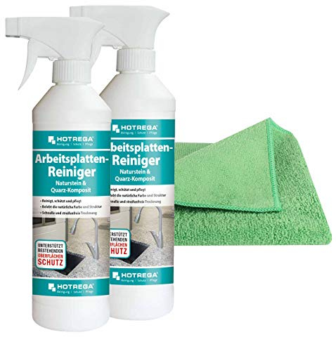 HOTREGA Arbeitsplatten Reiniger Naturstein & Quarz Komposit 1000 ml | Effektive Öl- & Fettentfernung | Schnelltrocknend | inkl. Mikrofasertuch