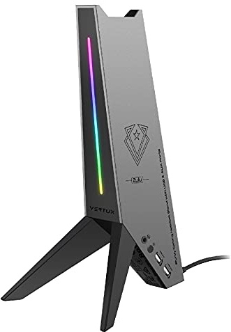 Vertux Zulu RGB Headphone Stand, 4 in 1 Gaming Headset Holder with Built-in 3.5mm AUX, 2 USB Sync Charging Ports, Non-Slip Removable Base