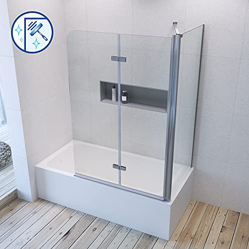 AQUABATOS® Eck Duschtrennwand Duschabtrennung Duschwand Glas für Badewanne faltbar Duschfaltwand Badewannenaufsatz 120 x 140 cm mit Seitenwand 75 x 140 cm aus 5 mm ESG Echtglas Nano-Beschichtung