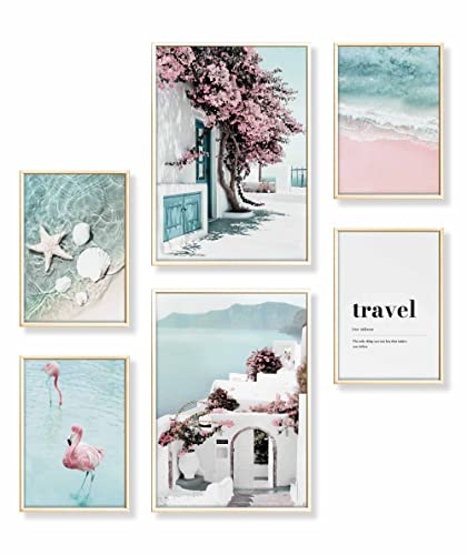 Heimlich® Premium Poster Set mit Bilderrahmen Aluminium Gold | 2 x DIN A3 & 4 x DIN A4 - ca. 30x42 & 21x30 | Stilvolle Poster Collagen mit passenden Bilder als Wanddeko » Strand Pink Flamingo «