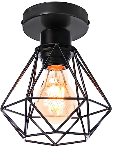 iDEGU Deckenleuchte Schwarz 16cm Industrial Deckenlampe aus Metall Lampenschirm Geometrischer Käfig Retro Kronleuchter E27 Fassung Vintage Pendelleuchte für Flur Eingang Küche Schlafzimmer (1 Stück)