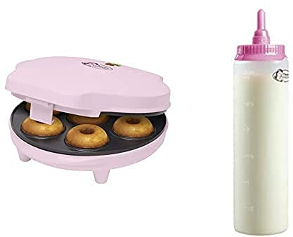 Bestron Donut Maker, inkl. Teigportionierer für 700ml mit Skala, Ideal zum Befüllen des Donut-Geräts, Farbe Gerät: Rosa, Teigflasche: Weiß