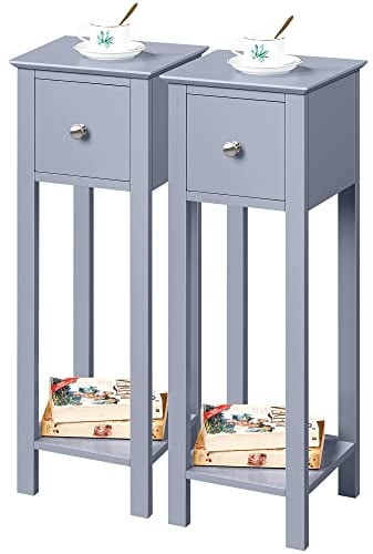Yaheetech 2 STK. Telefontisch Grau HBT: ca. 70 x 25 x 25 cm Beistelltisch mit Schublade Konsolentisch aus Holz Pflanzentisch 70 cm hoch Blumentisch
