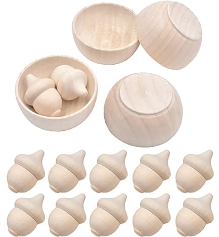 JIHUOO 16 Pcs Unfinished Wooden Acorns and Bowls Counting & Sorting Kit Wood Pinch Bowls Handicraft Decor Kit for Painting Art Projects