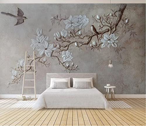 Fototapete Relief Zweig Blumen Vogel Tapete 3D Effekt Tapeten Vliestapete Wandbilder Schlafzimmer Wanddeko Kinderzimmer Wohnzimmer 430x300cm