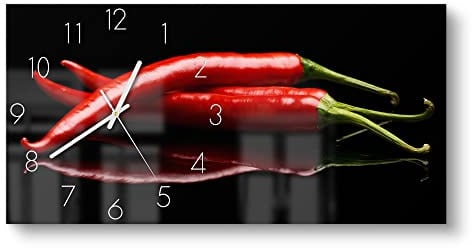 DEQORI Glasuhr | vertikal 60x30 cm | Motiv Drei Chilischoten | große XXL Design Uhr aus Glas | leise Wanduhr für Wohnzimmer & Küche | moderne Hingucker Uhr für die Wand