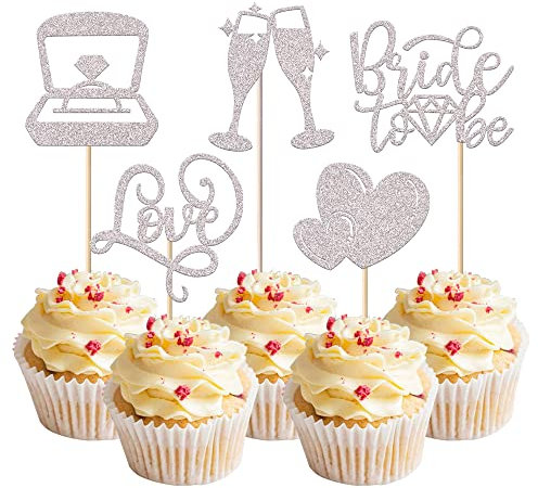 Xsstarmi 30 Pack Bride to Be Cupcake Toppers with Champagne Love Heart Ring Cupcake Picks Bridal Shower Cake Decorations for Wedding Engagement Bachelorette Party Supplies Silver
