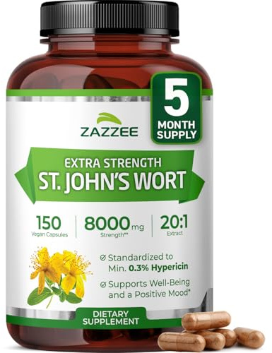 Zazzee Extra Strength St. John’s Wort 20:1 Extract, 0.3% Hypericin, 150 Vegan Capsules, 5 Month Supply, Hypericum Perforatum, Mood & Emotional Wellness Support, Herbal Supplement, Non-GMO, Made in USA