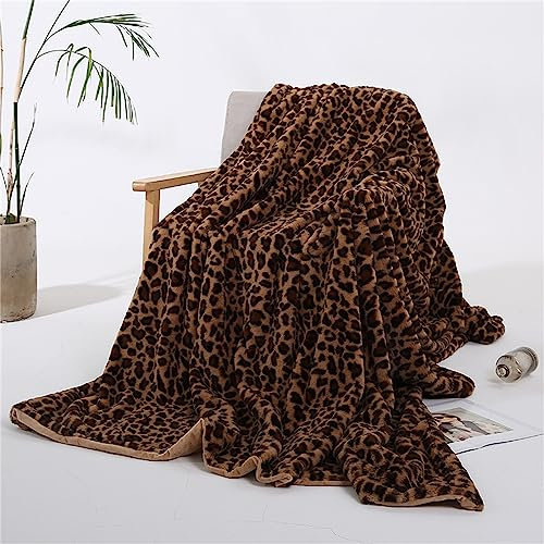 Couverture en fausse fourrure double couche en flanelle à imprimé léopard - Couverture d'hiver chaude en microfibre super douce pour chambre à coucher, canapé, chaise (jaune marron, 160 x 200 cm)
