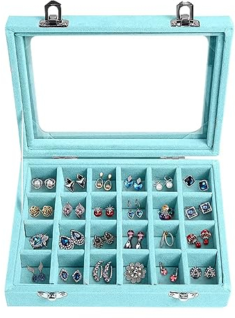 EONGOA 24 Grid Velvet Jewelry Tray for Drawers Detachable Jewelry Showcase Box Glass Clear Lid Showcase Display Storage Ring Trays Holder Earrings Organizer Case (Light blue)
