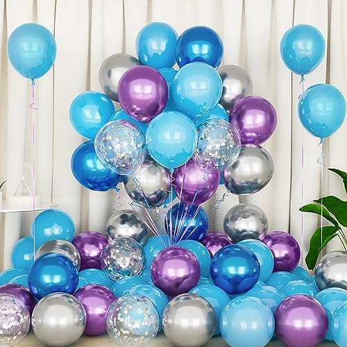 Eitolo Frozen Balloons, 50 Pcs 12 Inch Blue Purple Metallic Silver Blue with Silver Confetti balloons for Girls Frozen Ice Snow Theme Snowflake Winter Party Decoration