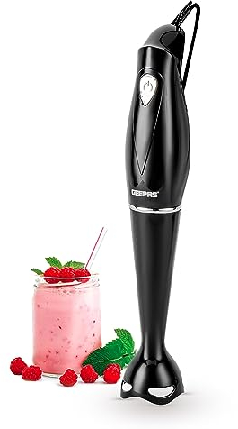 Geepas Hand Blender | Food Collection Hand Blender, Soup Mixer with Stainless Steel Blades | Ideal for Smoothies Shakes Vegetables Baby Food Soup| Anti-Splash | 2 Year Warranty, Black, 180W (Black)