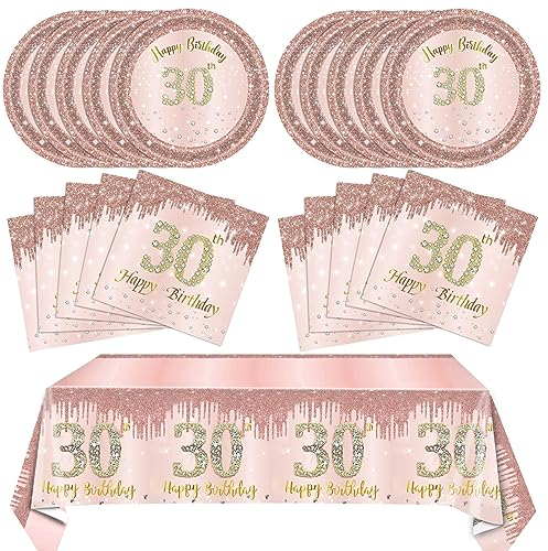 30th Birthday Decorations for Women 30th Birthday Party Supplies Include Rose Gold birthday Plates and Napkins Tablecloth 30th Birthday Supplies Tableware for Women