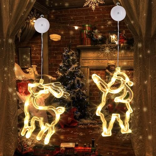 CHMMY Weihnachtsbeleuchtung Fenster LED Weihnachtsmann Elch, Weihnachtsdeko Fenster Lichterkette Batteriebetriebene mit Saugnäpfe, Warmweiß Fensterlicht für Weihnachten Deko, Balkon, Party, Hochzeit