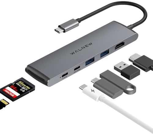 USB C Hub - WALNEW 7-in-1 Docking Station Aluminum mit 100W PD, 4K HDMI, USB 3.0&USB-C,SD- VerbesserteKonnektivität, Für MacBook Air,Pro, Lenovo ThinkPad, Dell XPS, HP, Surface Laptop u. mehr